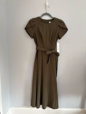 Calvin Klein Olive Green Midi Dress with Self Tie Belt